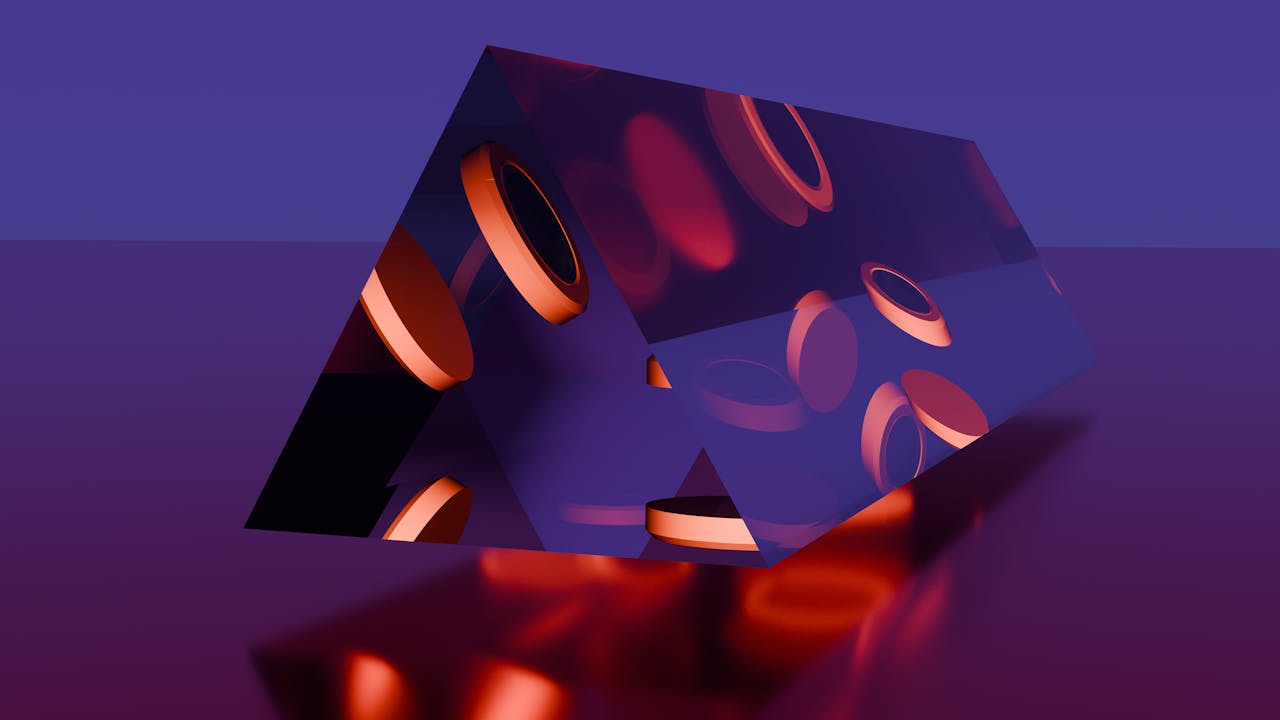 3D rendered abstract prism with vibrant reflections and geometric shapes, showcasing digital artistry.